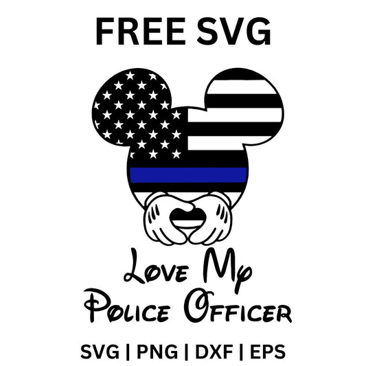 Mouse ears head filled with a black and white flag and a blue stripe above the script words Love My Police Officer, free police officer SVG cut file preview.