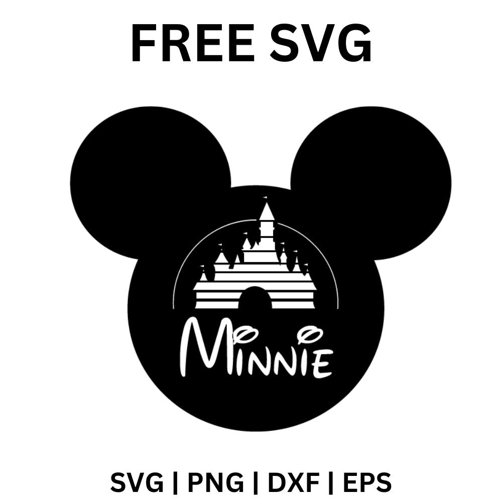 Black mouse ears head silhouette with a white castle and white script name lettering inside, free castle SVG cut file preview.