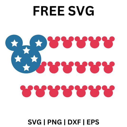 Blue mouse ears head with white stars beside rows of small red mouse ears heads forming a flag pattern, free patriotic mouse ears SVG cut file preview.