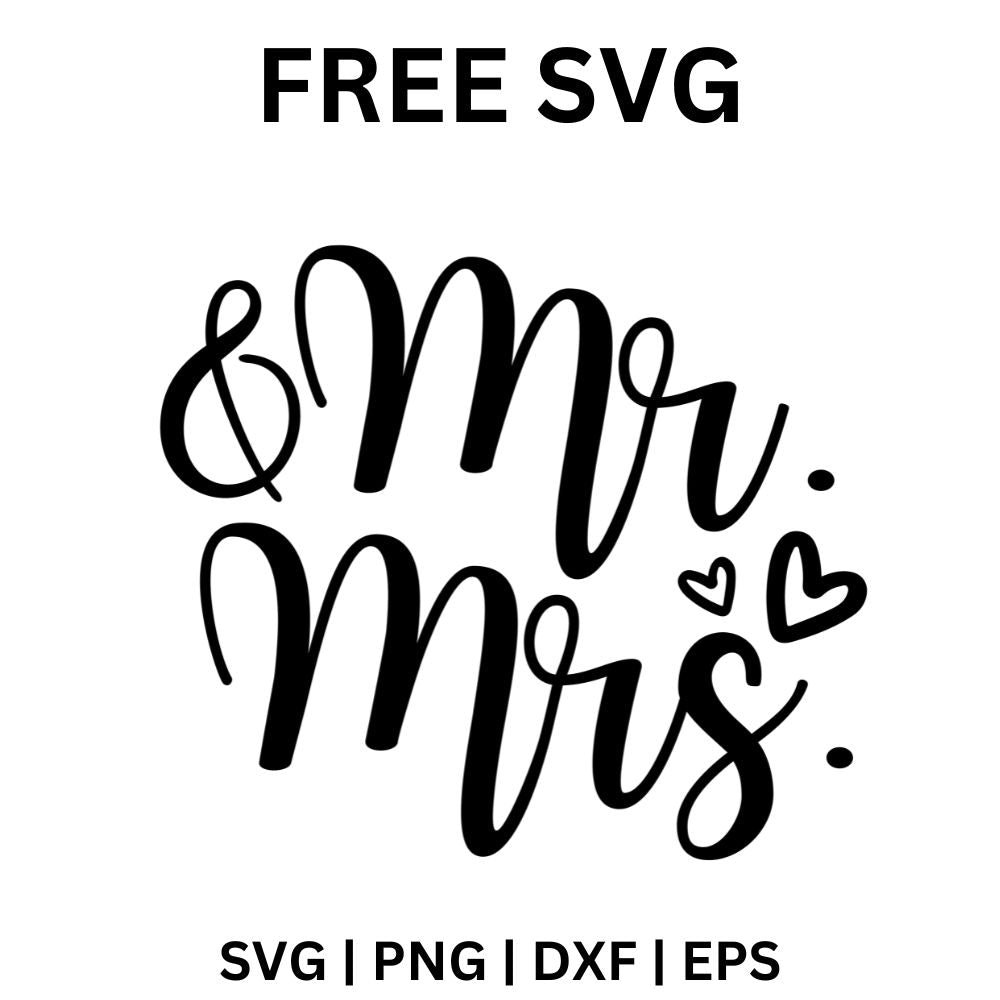Black script Mr. and Mrs. text with an ampersand and two small hearts, free Mr and Mrs wedding SVG cut file preview.