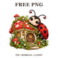 Cute ladybug clipart beside a red toadstool mushroom cottage with a wooden door, lanterns and green moss, free fairy garden PNG