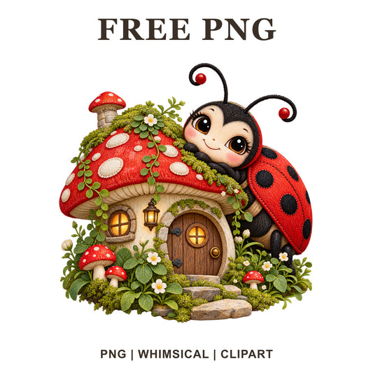 Cute ladybug clipart beside a red toadstool mushroom cottage with a wooden door, lanterns and green moss, free fairy garden PNG