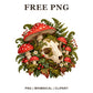 Cottagecore skull clipart with red and white toadstool mushrooms, green ferns, moss and berries, free PNG