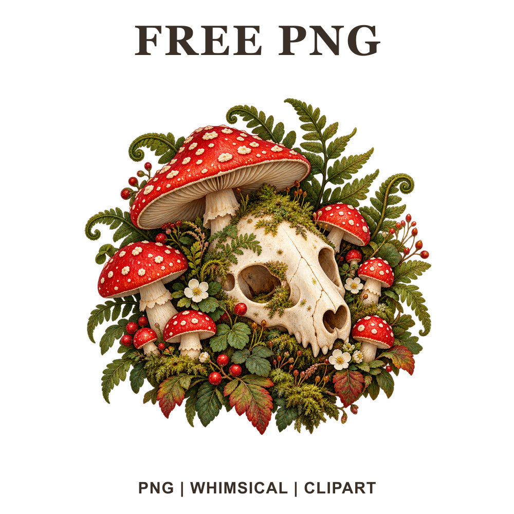 Cottagecore skull clipart with red and white toadstool mushrooms, green ferns, moss and berries, free PNG