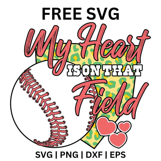 Red my heart is on that field script over a green leopard print softball with stitches and two small red hearts, free softball field quote SVG cut file preview.