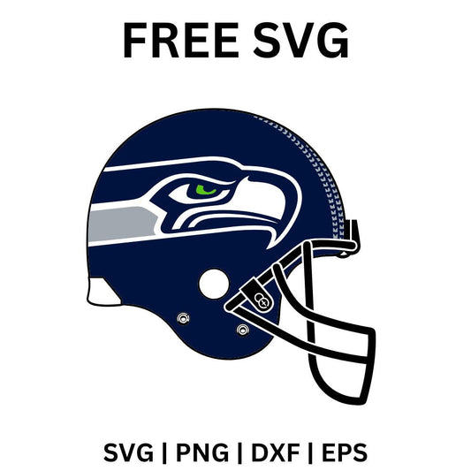 Navy football helmet in side view with a hawk head decal, a gray stripe and a white face mask outlined in black, free football helmet SVG cut file preview.