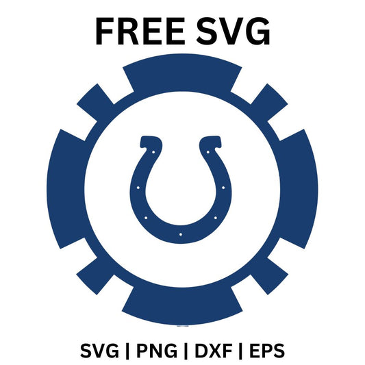 Navy horseshoe inside a white circle framed by a navy gear-shaped ring, free gear horseshoe emblem SVG cut file preview.