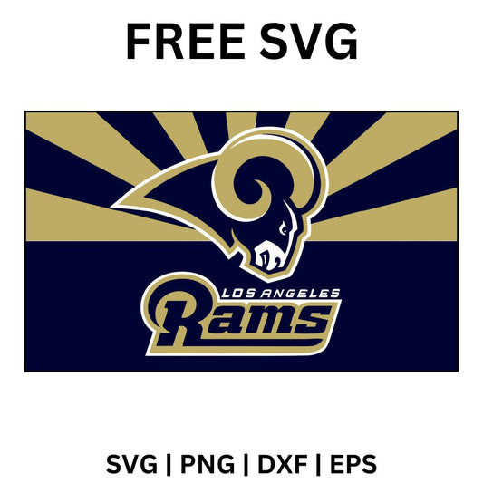 Navy and gold sunburst rectangle with a curled ram horn head on top and gold script team lettering below, free ram horn football SVG cut file preview.