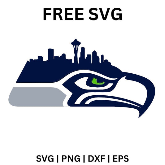 Navy hawk head in profile with a lime green eye and gray streak, topped by a navy city skyline with a tall space needle tower, free football skyline SVG cut file preview.