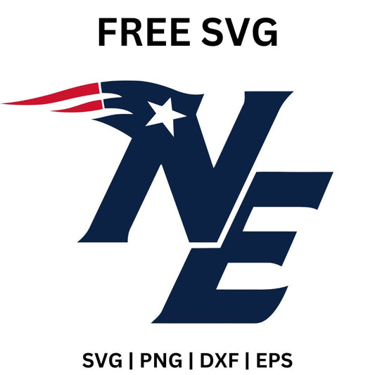 Bold navy italic NE monogram letters with a red, white and blue tricorn hat swoosh across the top, free NE monogram football SVG cut file preview.