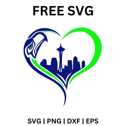 Navy and lime green swoosh heart with a hawk head on one side and a navy city skyline with a tall space needle tower inside, free football skyline heart SVG cut file preview.