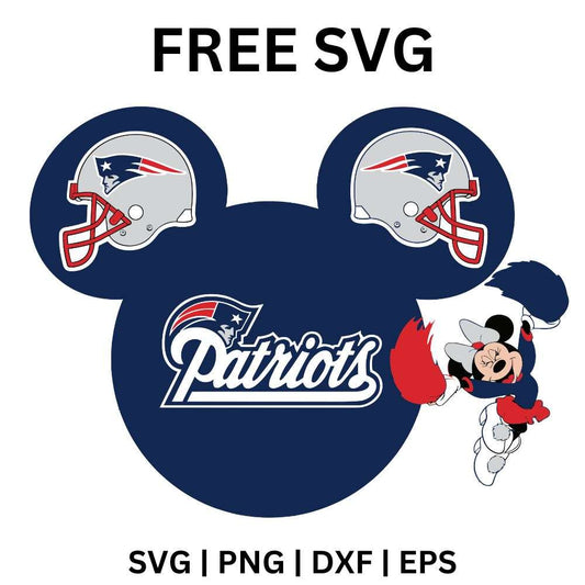Navy mouse ear silhouette with football helmets as ears, red and white script lettering and a waving cartoon mouse, free football mouse ears SVG cut file preview.