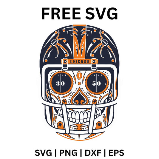 Navy and orange sugar skull with ornate patterns and a white football face mask over its jaw, free sugar skull football helmet SVG cut file preview.