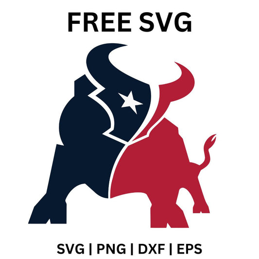 Charging bull split down the middle in navy and red, with a stylized star bull head emblem on top, free bull football mascot SVG cut file preview.