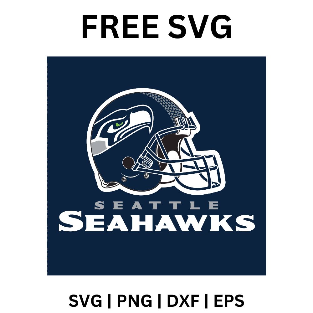 Navy square panel with a white outlined football helmet bearing a hawk head decal above white city and team lettering, free football helmet SVG cut file preview.