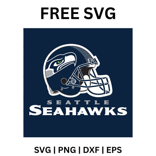 Navy square panel with a white outlined football helmet bearing a hawk head decal above white city and team lettering, free football helmet SVG cut file preview.