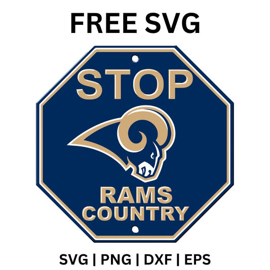 Navy octagon stop sign with gold border, gold STOP text, a curled ram horn head and Country lettering below, free stop sign football SVG cut file preview.