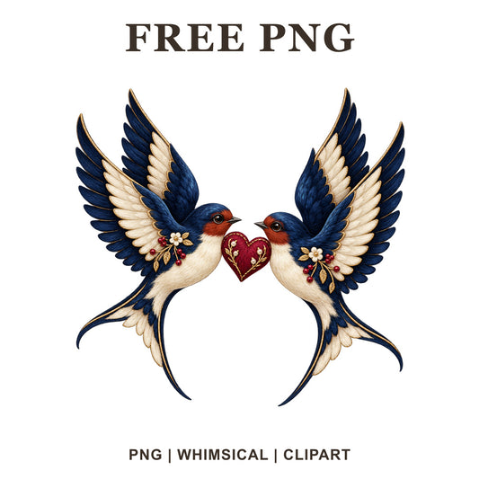 Two navy and cream swallows facing each other with a red floral heart between them, free swallow heart PNG