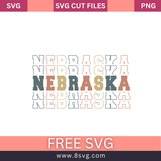 Retro stacked NEBRASKA outline text in gray, peach and tan with a solid center line, free Nebraska stack SVG cut file preview.