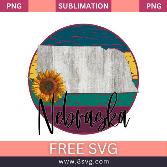 Round Nebraska design with a weathered wood state map, a sunflower and yellow, teal and maroon stripes behind black script text, free Nebraska sunflower SVG cut file preview.