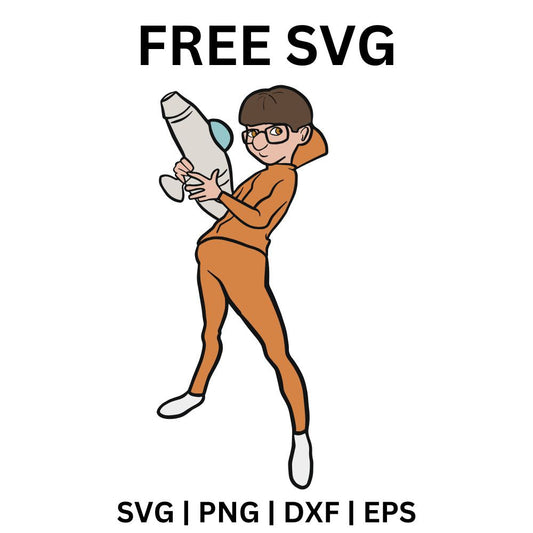 Nerdy cartoon villain with glasses and a bowl haircut in an orange tracksuit holding up a big white blaster, free cartoon villain SVG cut file preview.