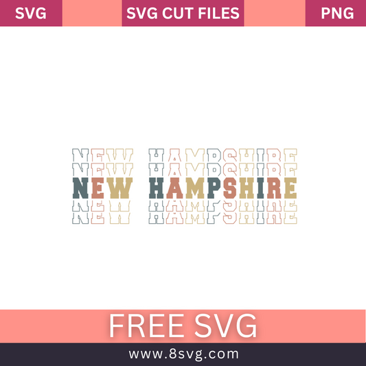 Retro stacked NEW HAMPSHIRE outline text in gray, peach and tan with a solid center line, free New Hampshire stack SVG cut file preview.