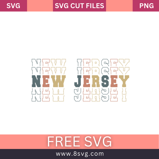 Retro stacked NEW JERSEY outline text in gray, peach and tan with a solid center line, free New Jersey stack SVG cut file preview.