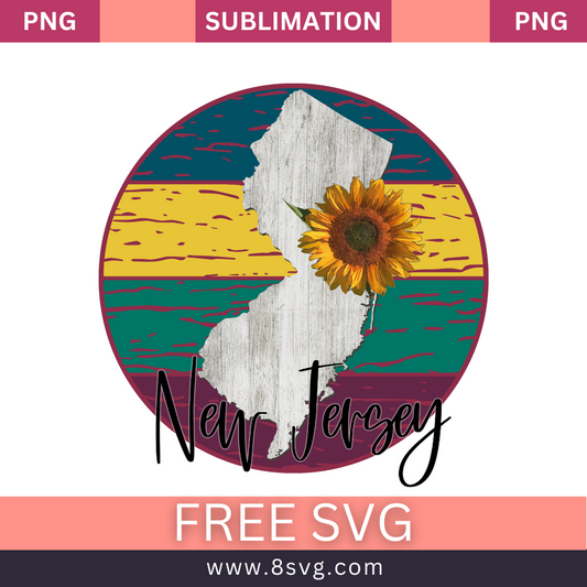 Round New Jersey design with a weathered wood state map, a sunflower and yellow, teal and maroon stripes beside black script text, free New Jersey sunflower SVG cut file preview.