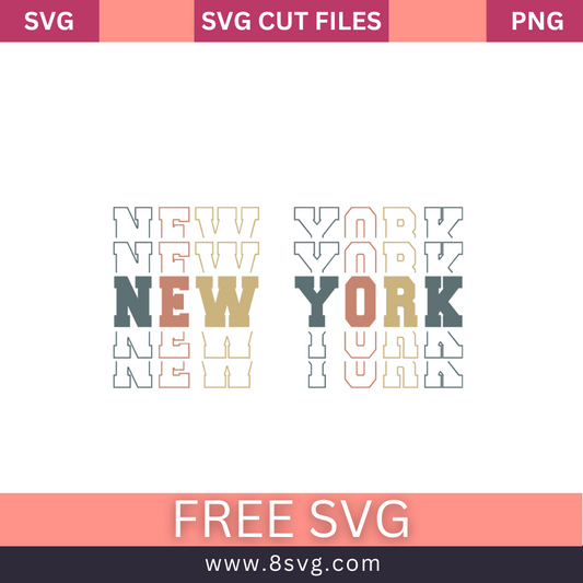 Retro stacked NEW YORK outline text in gray, peach and tan with a solid center line, free New York stack SVG cut file preview.