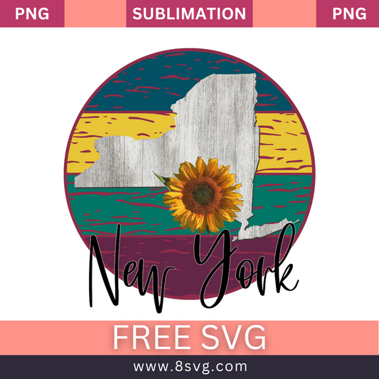 Round New York design with a weathered wood state map, a sunflower and yellow, teal and maroon stripes under black script text, free New York sunflower SVG cut file preview.