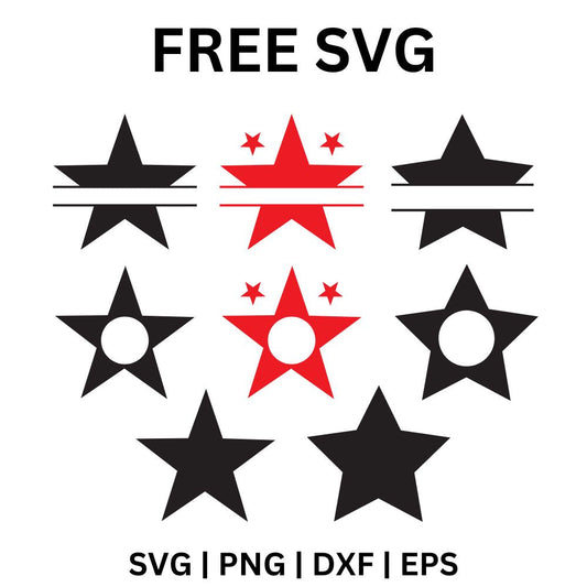 Grid of nine black star shapes including split monogram stars, stars with circle cutouts and two with red center stripes, free star monogram frame SVG cut file preview.
