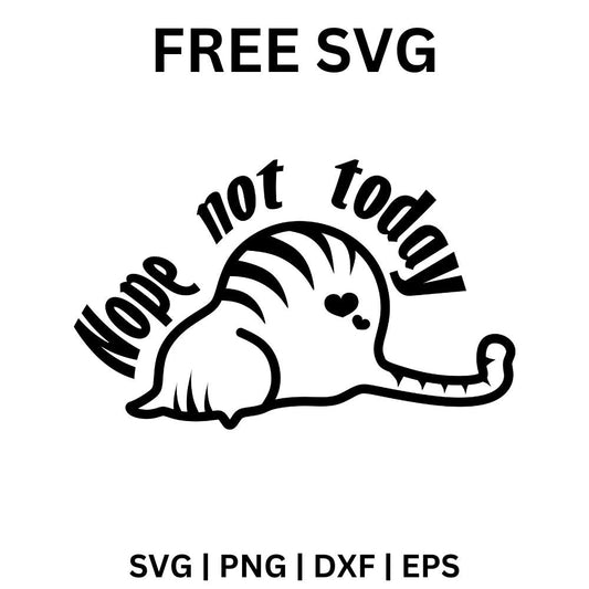 Black outline of a lazy striped cat lying flat face down under arched Nope not today script, free nope not today cat SVG cut file preview.