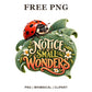 Red ladybug clipart on a green dewy leaf with Notice Small Wonders orange lettering and flowers, free ladybug PNG