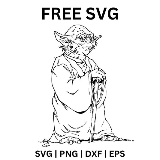 Detailed black line art of a wise old big-eared alien master in a hooded robe leaning on a walking cane, free alien master line art SVG cut file preview.