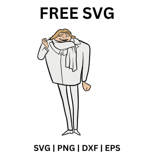 Hunched old cartoon scientist with round goggles in a long white lab coat and gray pants, free cartoon scientist SVG cut file preview.