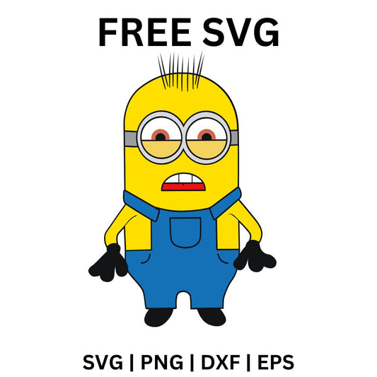 Happy one eyed yellow helper with a goggle and blue overalls raising both arms in the air, free yellow helper SVG cut file preview.