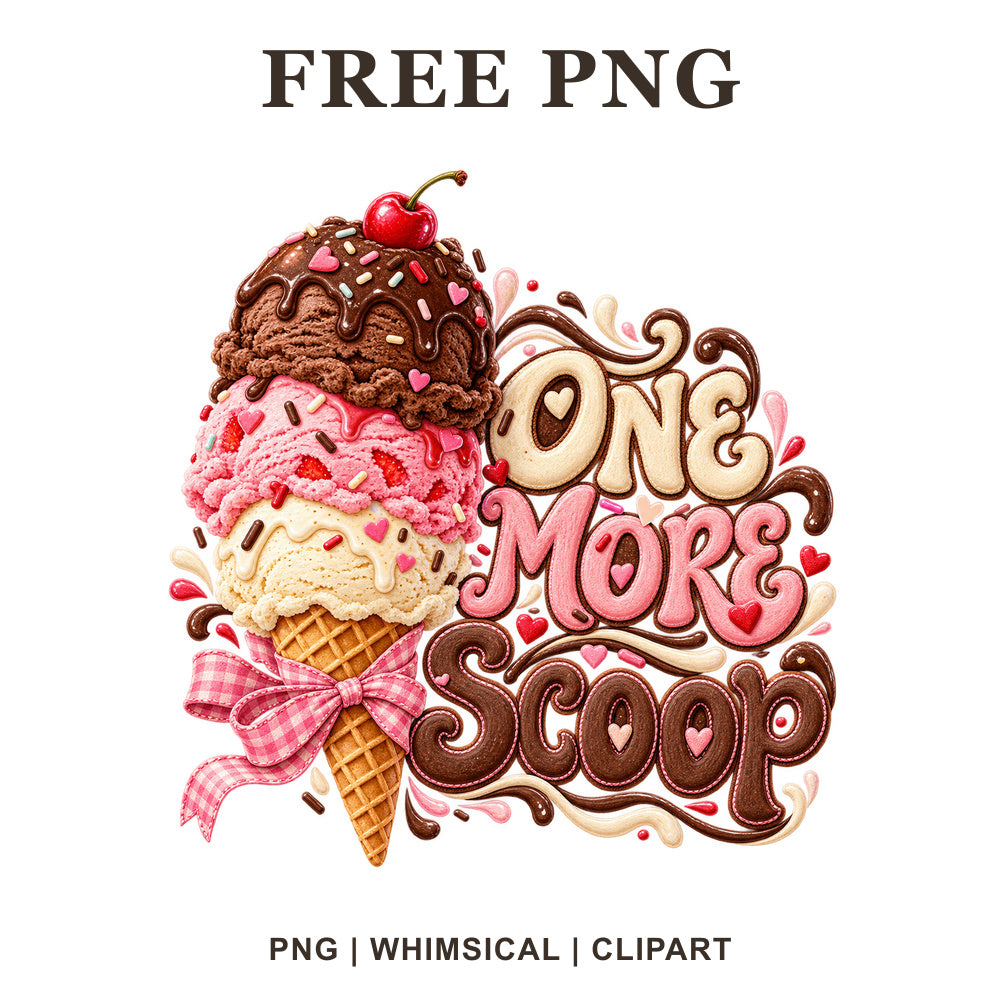 Ice cream cone clipart with chocolate and strawberry scoops, a cherry and pink gingham bow, One More Scoop lettering, free PNG