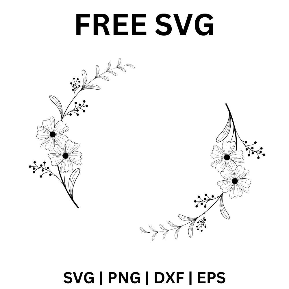 Open circle wreath of thin line art leaves with small daisy flower clusters on two sides, free floral wreath frame SVG cut file preview.