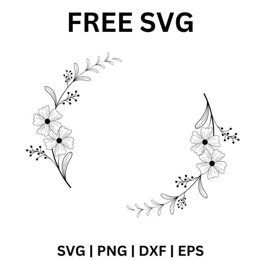 Open circle wreath of thin line art leaves with small daisy flower clusters on two sides, free floral wreath frame SVG cut file preview.