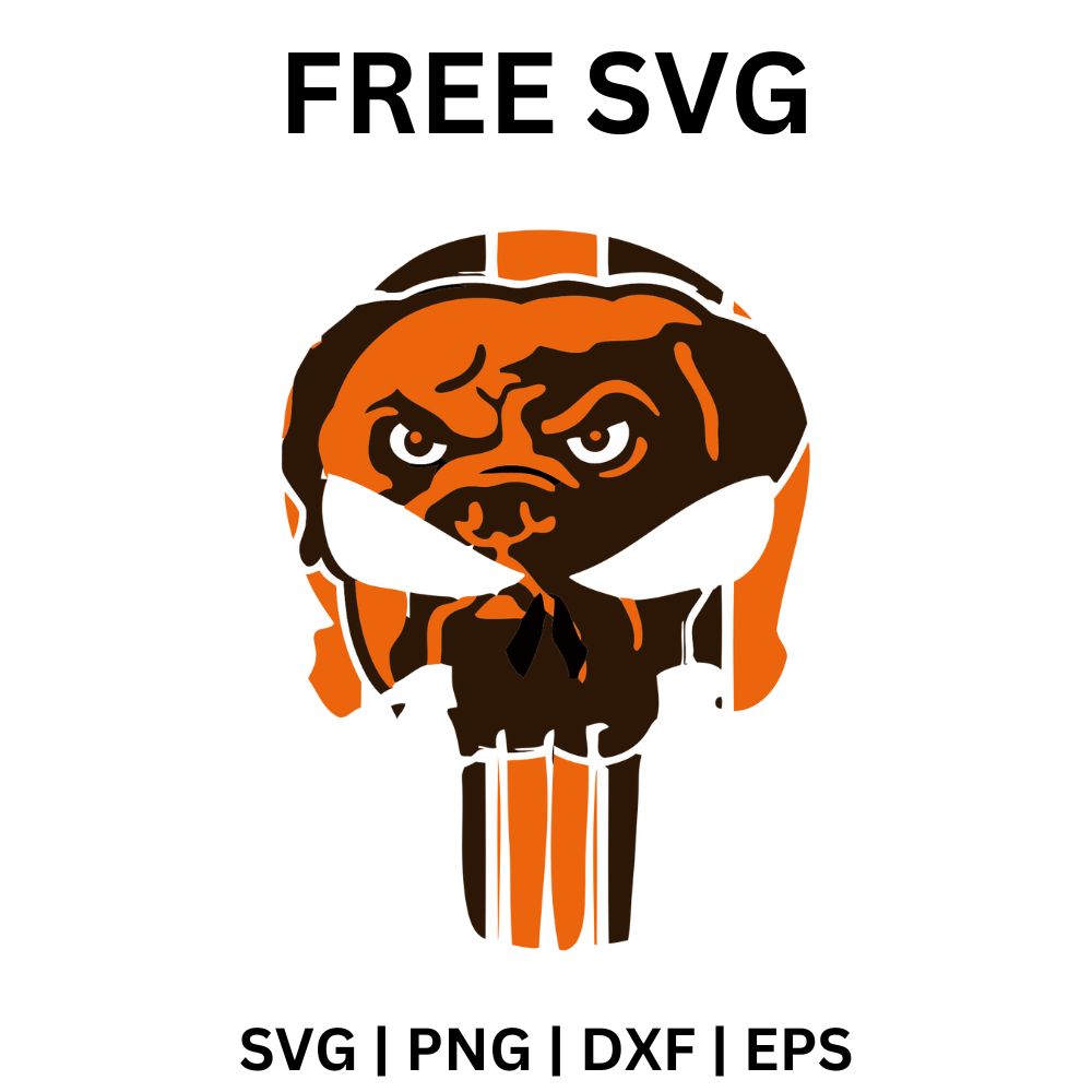 Distressed orange and brown skull emblem with an angry bulldog face blended into the forehead, free bulldog skull football fan SVG cut file preview.