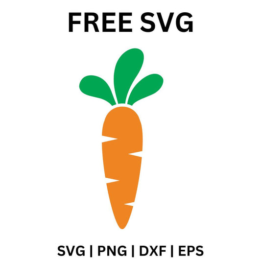 Bright orange carrot with small ridge lines and a bushy green leafy top, free carrot SVG cut file preview.