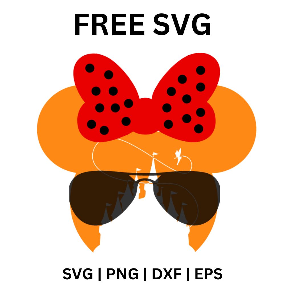Orange mouse ears head with a red polka dot bow and dark aviator sunglasses reflecting a castle silhouette, free mouse ears SVG cut file preview.