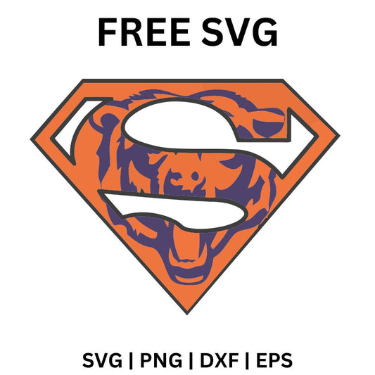 Diamond shaped hero shield with a curved letter S filled with an orange and navy bear face pattern, free bear diamond shield SVG cut file preview.