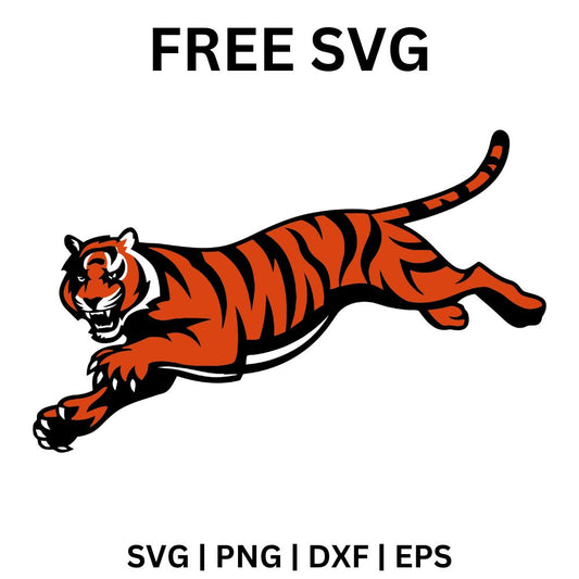 Orange and black striped tiger leaping forward with front paws outstretched and mouth open, free tiger mascot SVG cut file preview.