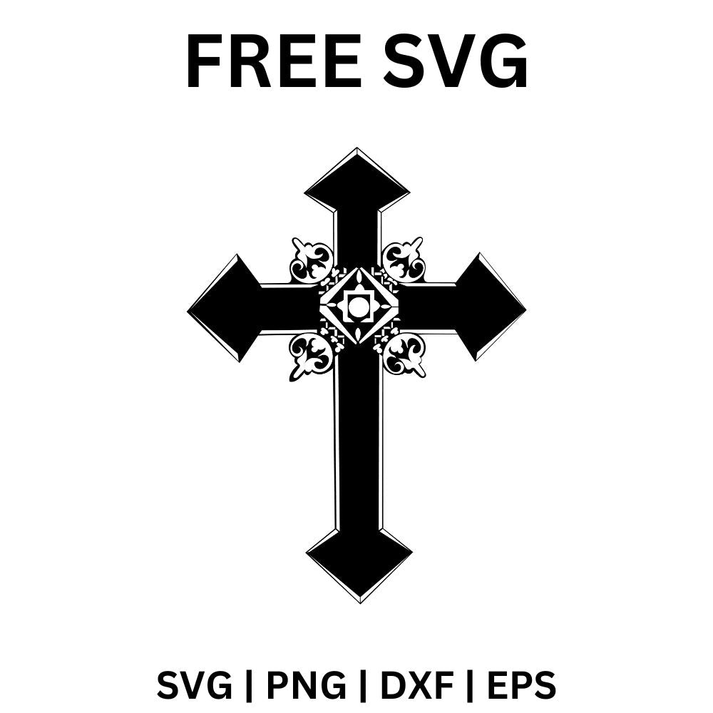 Black cross with pointed arm tips and a decorative filigree diamond with small fleur accents at the center, free ornate cross SVG cut file preview.