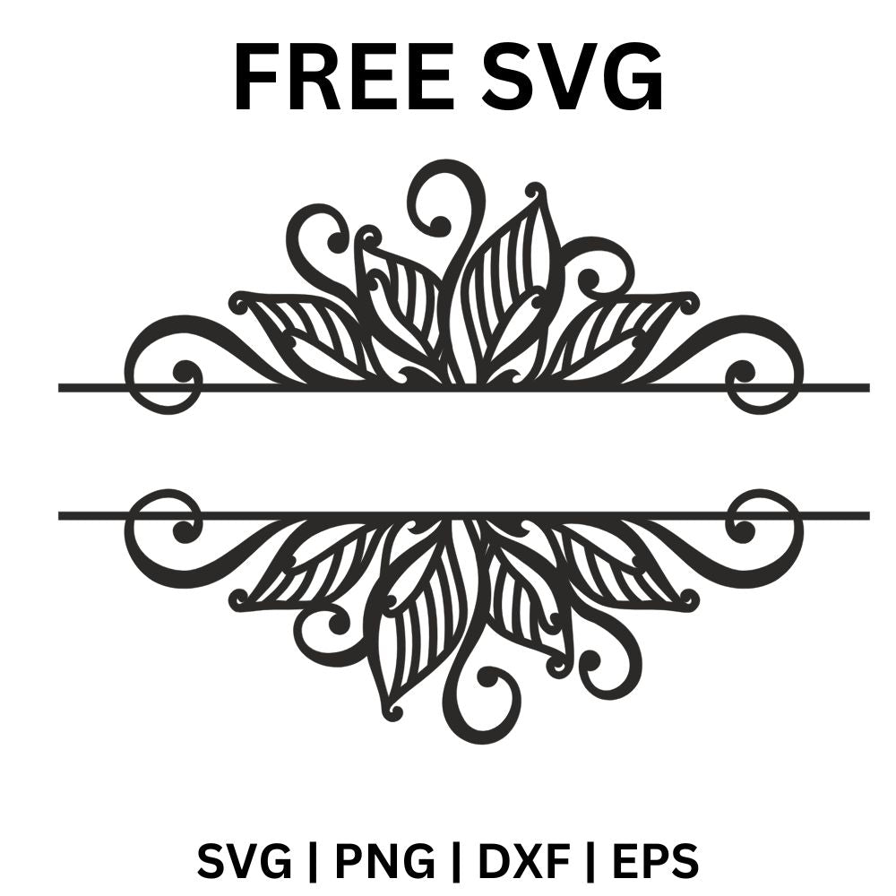 Ornate black lace mandala flower split by a blank horizontal monogram bar through the middle, free split mandala monogram SVG cut file preview.