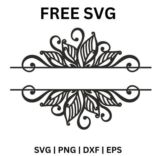 Ornate black lace mandala flower split by a blank horizontal monogram bar through the middle, free split mandala monogram SVG cut file preview.