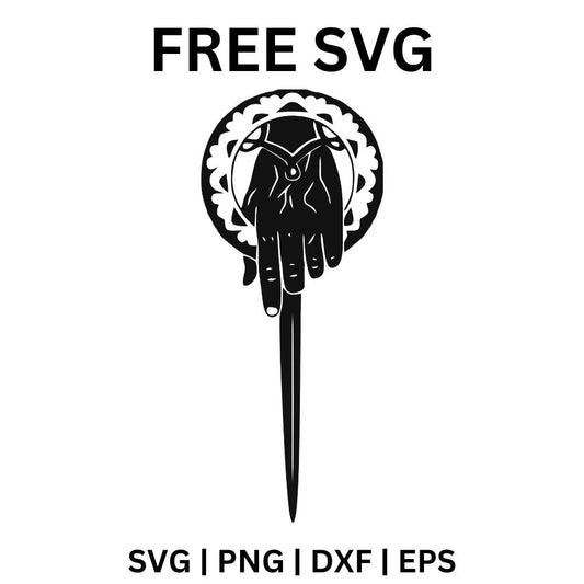 Black ornate open hand emblem with decorative cutouts on top of a long downward pointing blade, free fantasy hand pin SVG cut file preview.