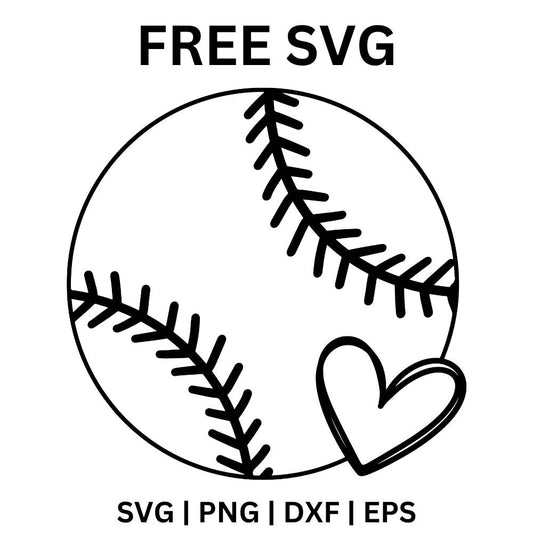 Outlined softball circle with curved stitch seams and a small heart breaking through the lower right edge, free softball heart SVG cut file preview.