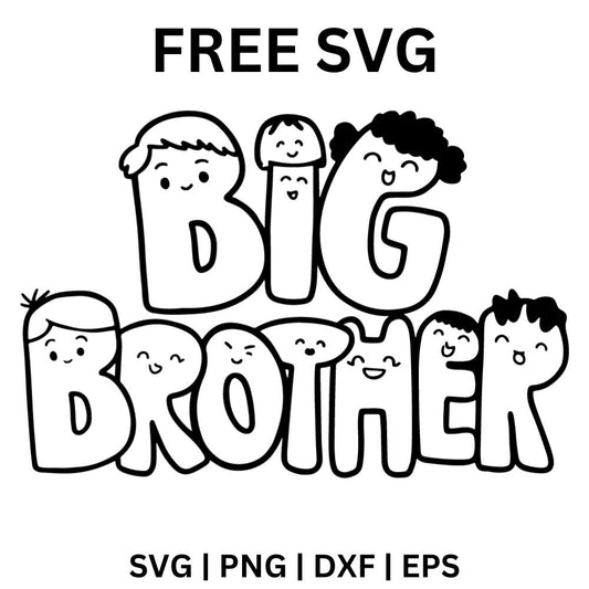 Outlined bubble Big Brother lettering surrounded by small doodle cartoon kid faces with smiles, free big brother SVG cut file preview.